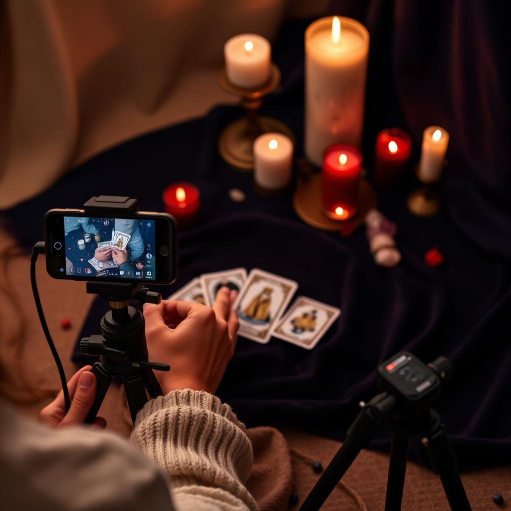 Creador de contenido grabando un reel de tarot